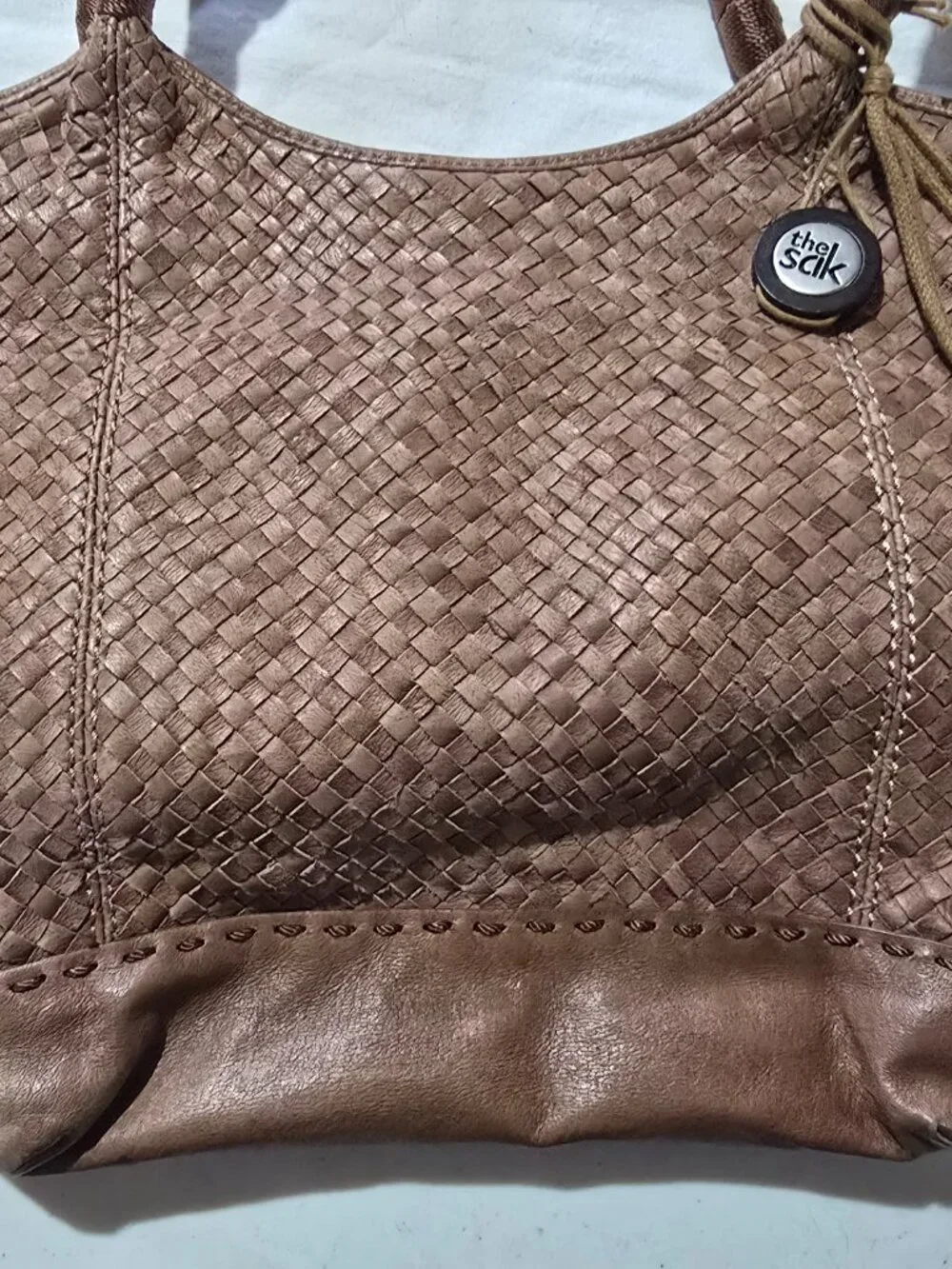 The Sak Brown Woven Leather Tote Shoulder Bag Tiger Eye Bead Charm